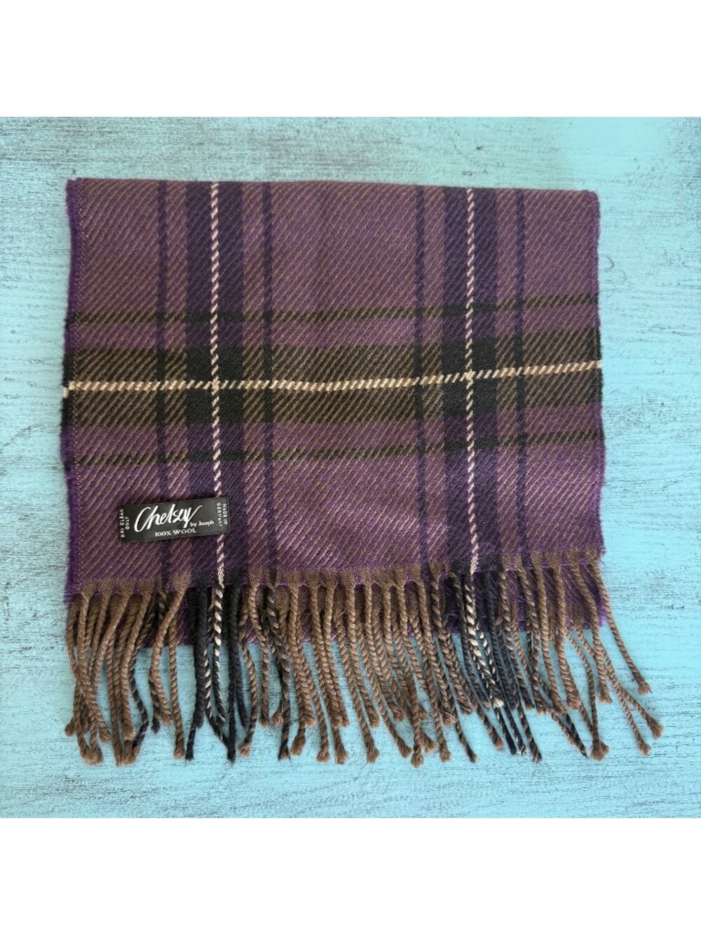 Chelsy By Joseph Purple Plaid 100% Wool Scarf With Fringe Trim Made In Germany